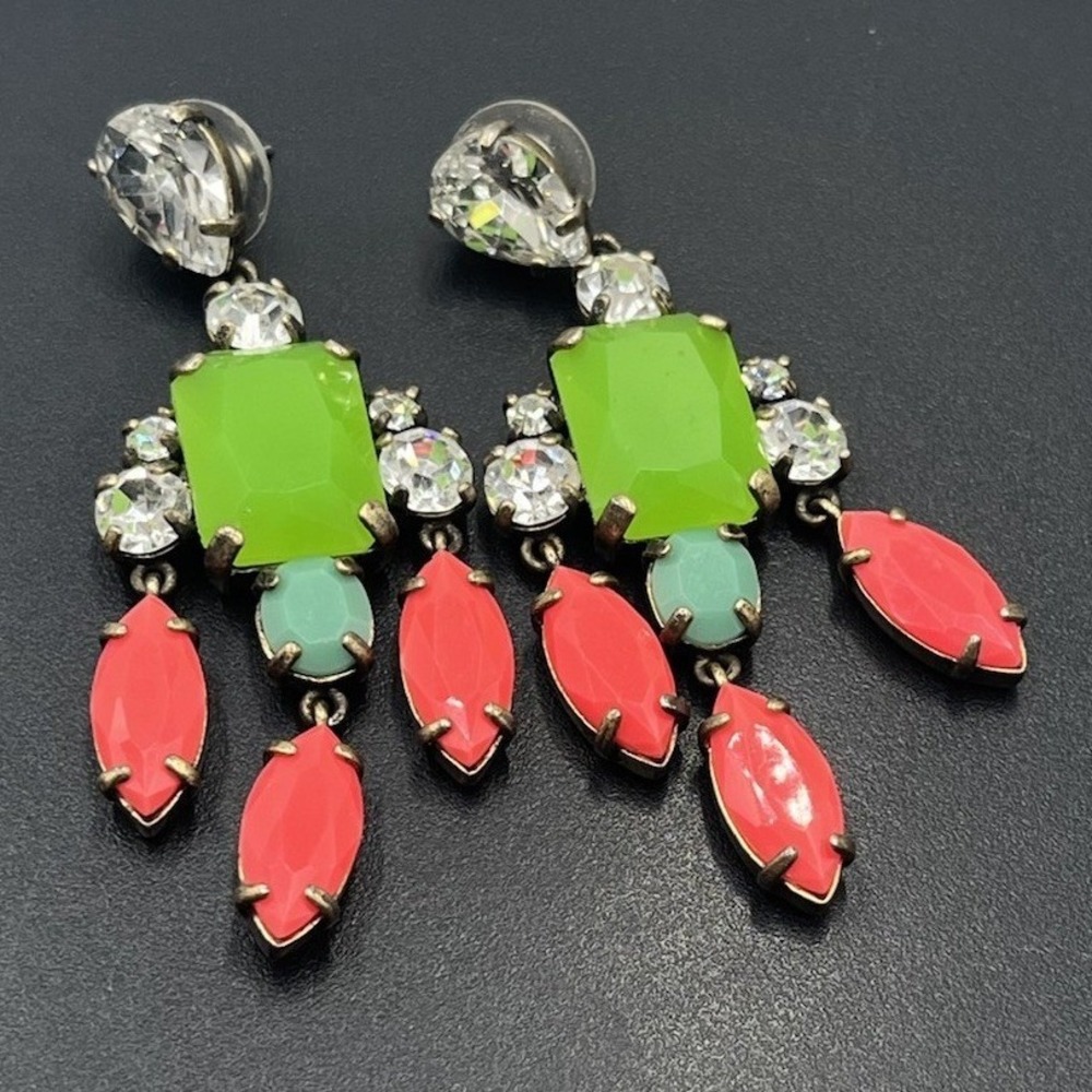 J. Crew Candy w/ Green, Pink, Coral, Rhinestones Chandelier Statement Earrings